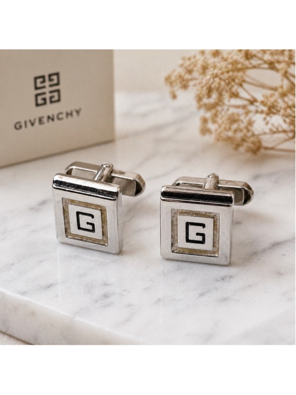 Givenchy G Logo Cufflinks Silver Tone Square Vintage Designer Mens